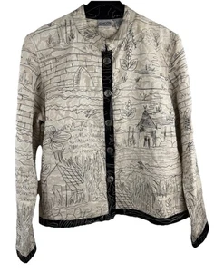 Chico's Embroidered Linen Thailand Fish Longtail Boat Design Jacket Size 1 (M) - Picture 1 of 18