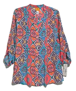 Ruby Rd., Multicolor Geometric Print Button-up Extra Long Top, size 1X - Picture 1 of 3