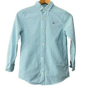 Vineyard Vines Whale Shirt Boys S 8-10 Green Blue Gingham Button Down Cotton - Picture 1 of 11