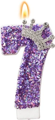Velas con número de cumpleaños, velas de cumpleaños corona púrpura para pastel, brillo número 7 Foto 1 de 4