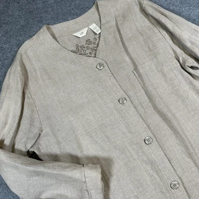 J Jill Jacket Womens Large Beige Linen Embroidered Button Front Tunic Pockets - Image 1 of 4