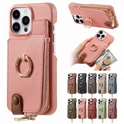 RFID Blocking Zipper Wallet Ring Holder Case For iPhone 16 15 14 13 12 11 XR 8 - Image 1 of 4