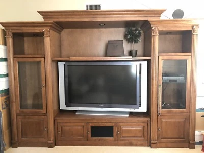 Modern TV Credenza with Stereo Shelves, Lights, Glass Doors And Speaker Cabinets - Image 1 of 4