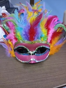 Halloween Mask Adult Women's Rainbow Feather Masquerade Multi-Colored  (HALLOA) - Picture 1 of 3