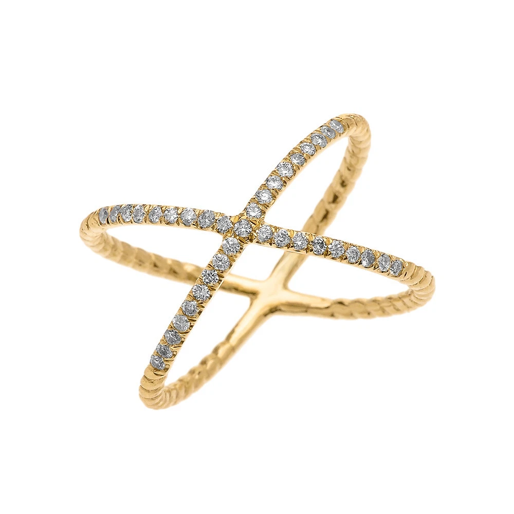 10k Yellow Gold Diamond Cross Beaded Index Ring - Size 8, Dainty Hand-Polished Ring, Made In USA