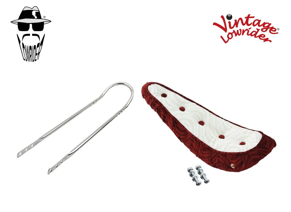 20" Original LOWRIDER Velour Red/White 5 Button Seat W/Chrome SissyBar 20 Bike. - Image 1 of 1