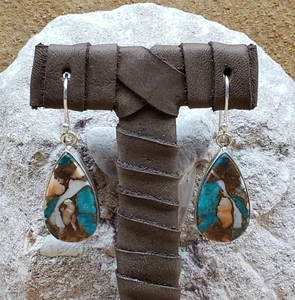 Ohrringe (E224) Navajo Hänger Türkis, stachelige Auster & Kupfer Konglomerat  - Bild 1 von 4