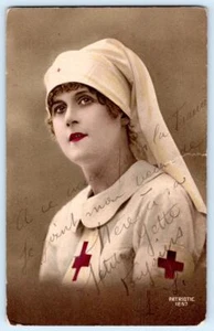1910's RPPC RED CROSS NURSE PATRIOTIC FRENCH HANDCOLORED POSTCARD**REPAIRED** - Picture 1 of 3