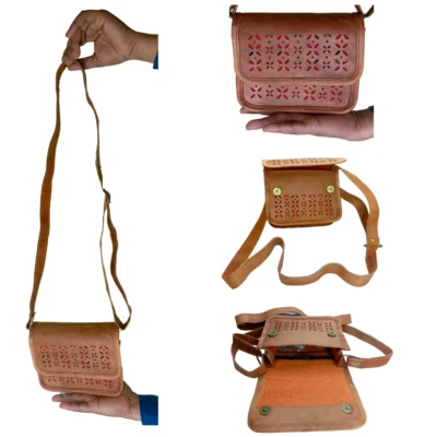 Bolso CUERO RECORTADO Tostado | Cartera de Cuero Hoja Floral | Cartera Hippie Vintage Foto 1 de 4