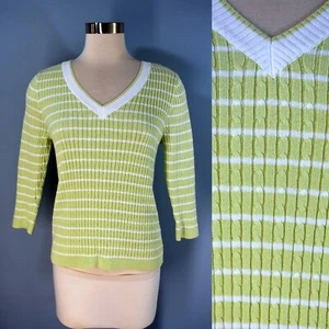 JEANNE PIERRE Pullover Zopfmuster M hell frühlingsgrün gestreift gerippt V-Ausschnitt - Bild 1 von 2