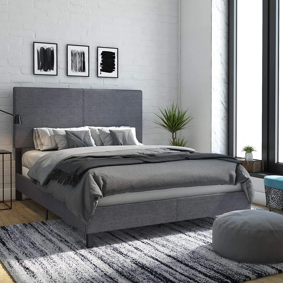 Cama tapizada de tela de lino gris con diseño moderno elegante, tamaño completo Foto 1 de 4