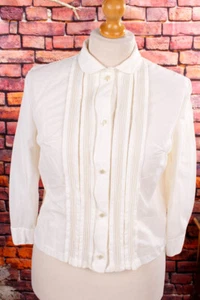 Vintage Original 60er Nailon Blusa Blanco Pespunte Volantes Estilo Rockabella 44 - Imagen 1 de 5