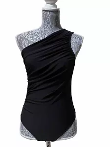 NWT Nasty Gal Black Bodysuit One Shoulder Ruched Shirt Top Snap Black Sz 8 - Picture 1 of 14