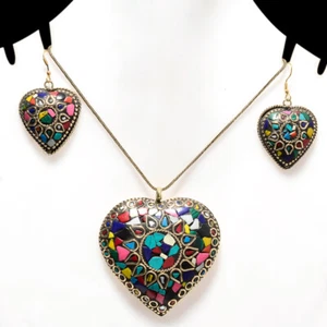 TURQUOISE, MULTI CUT STONE GOLD PLATED NEPALI PENDANT EARRING SET 17-18" - Picture 1 of 1