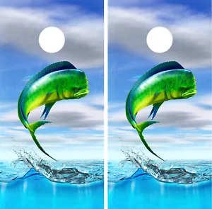 Mahi Mahi Jumping Out of Water Fishing Cornhole Board Decals Wraps Wrap - Picture 1 of 3