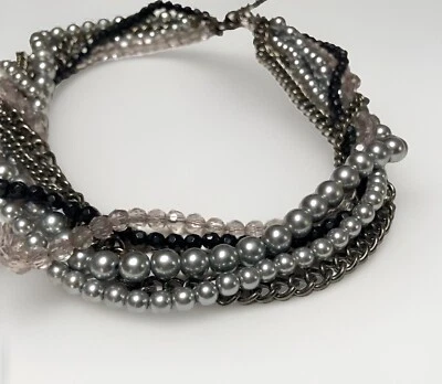 Collar Premier Designs Negro Gris Cuentas Imitación Perla Multi Hilo Cadena Cadena Foto 1 de 4