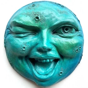 Collectible Handmade Winking Moon Face Wall Sculpture, Signed by Artist - Picture 1 of 12