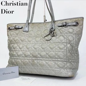 Christian Dior Cannage Tote Bag Argento Grigio Tela Pelle A4 Donna Autentica - Foto 1 di 10