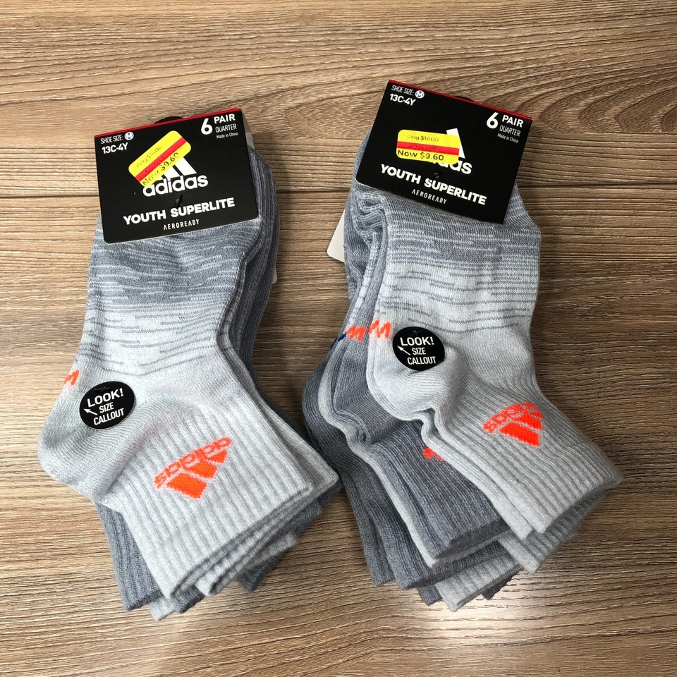 Adidas Youth Boys Girls Unisex Superlite Quarter Sock 6 Pair 13C-4Y Shoe Size M
