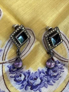 INLAID BLACK CABOCHON GEMS BRIOLETTE AMYETHYST DROP 925 MAKERS INITIALS EARRINGS - Picture 1 of 17