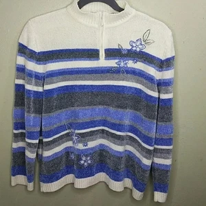 Alfred Dunner gestreifter Chenille-Pullover mit Blumenstickerei & Reißverschluss - 2X - - Bild 1 von 8