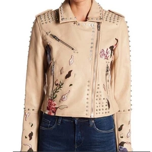 BLANK NYC Studded Embroidered Faux Leather Jacket Tan Womens Size Small - Picture 1 of 12