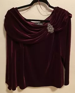 Alex Evenings VELVET Ruched Neck 2X BURGUNDY TOP Draped Shirt Blouse RHINESTONE - Picture 1 of 8