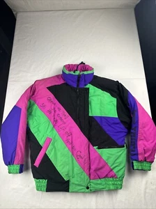 Vintage IZZI Neon Multicolor Puffer Ski Jacket Go Extreme Womens Size Large 80’s - Picture 1 of 14