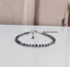 AAA Iolite and Silver Pyrite Beads Bracelet Beaded Shine Beads Jewelry Wife Gift - Foto 1 di 7