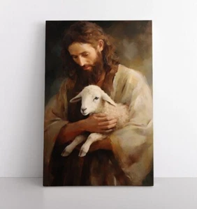 Jesus Christ With Lamb Vintage Painting Print Canvas Wall Art Christian Decor - Picture 1 of 12