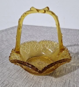 Vintage Amber Cut Glass Sweet Basket Bowl Handle Diamond Textured Pattern 6.2" - Picture 1 of 19