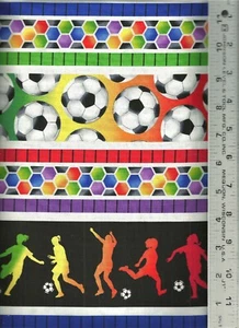 Avlyn ~ Rainbow Soccer Stripes Balls Players - 100% Cotton Quilt Fabric BTY - Picture 1 of 2