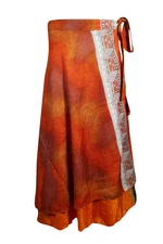 Boho Chic Orange Silk Sari 2 Layer Long Wrap Skirt 