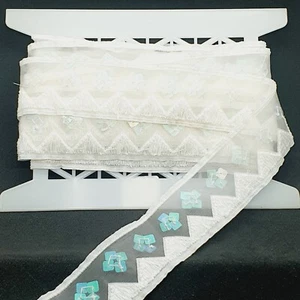 Nastro indiano 5 cm crema e perline AB paillettes bordo treccia - Foto 1 di 1
