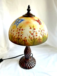 Rückseitig bemalter Glasschirm Tischlampe 14,5" hoch Vintage - Bild 1 von 18