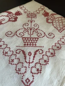 VTG Linen Cross Stitch Tablecloth Square Hemstitch Scandinavian Red 30”x30” - Picture 1 of 24