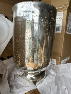 West Elm Mercury Glass Hurricane Large Silver Candleholder Vase 16" tall