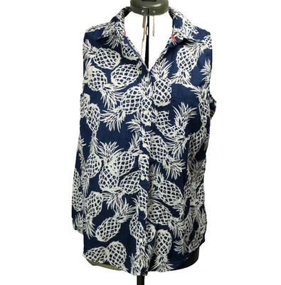 St. John's Bay Pineapple Print Sleeveless Button Shirt Collared Blue & White L - Image 1 of 4