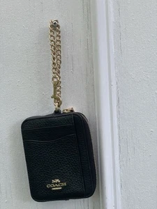 CARTERA MINI MONEDERO COACH CREMALLERA TARJETA IDENTIFICACIÓN CADENA DORADA CUERO NEGRO - Imagen 1 de 11