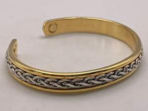 24k Gold Electroplated Two Tone Magnetic Cuff Bracelet 6 3/4" - Picture 1 of 7