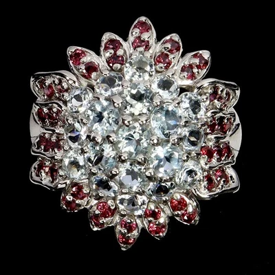 925 Sterling Silver Ring Round Aquamarine Rhodolite Natural Gemstone Size 8.5 - Image 1 of 4