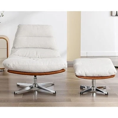 Upholstered swivel accent chair with ottoman, linen reading chair with - Image 1 of 4