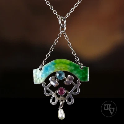 Antikes Collier Halskette Emaille Perle Strass 44cm Sterling Silver 925 Silber - Bild 1 von 4