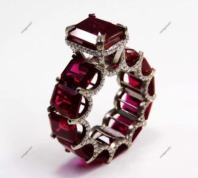 Anello in argento sterling 925 con rubino rosso taglio smeraldo e anello mois... - Immagine 1 di 4