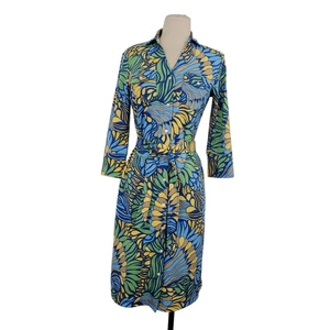 J. McLaughlin Hemdblusenkleid abstrakt mit Gürtel Gr. XS blau grün Urlaub Preppy - Bild 1 von 9