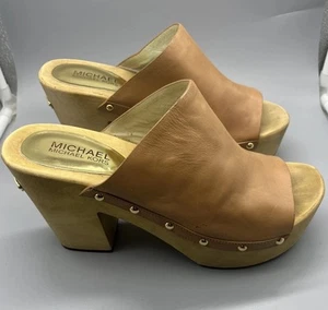 Michael Kors Beatrice Platform Sandal Heel Open Toe Tan Leather Womens US 8.5 M - Picture 1 of 21