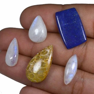 37.30 Cts 100% Natural Moonstone Coral Lapis 5 Pcs Mixed Lots Cabochon Gemstone - Picture 1 of 2