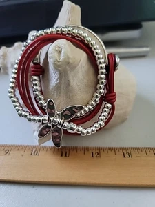 Silver plated Dragonfly Wrap Cuff Bracelet Uno De 50 Style RED Leather - Picture 1 of 10