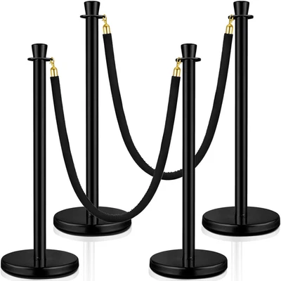 4 Pcs Stainless Steel Stanchion Post 2 Pcs 5 Ft Velvet Rope Carpet Ropes - Image 1 of 4