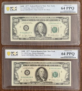 2 PCS $100 1977 FEDERAL RESERVE NOTES NEW YORK PCGS 64PPQ 2168-B CONSECUTIVE #S - Picture 1 of 2